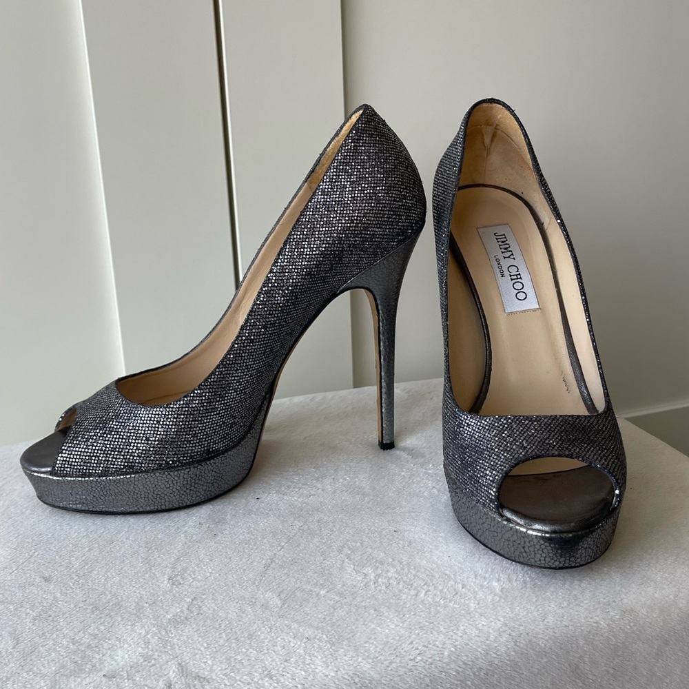 Jimmy Choo Dahlia silver metallic platform heels 39